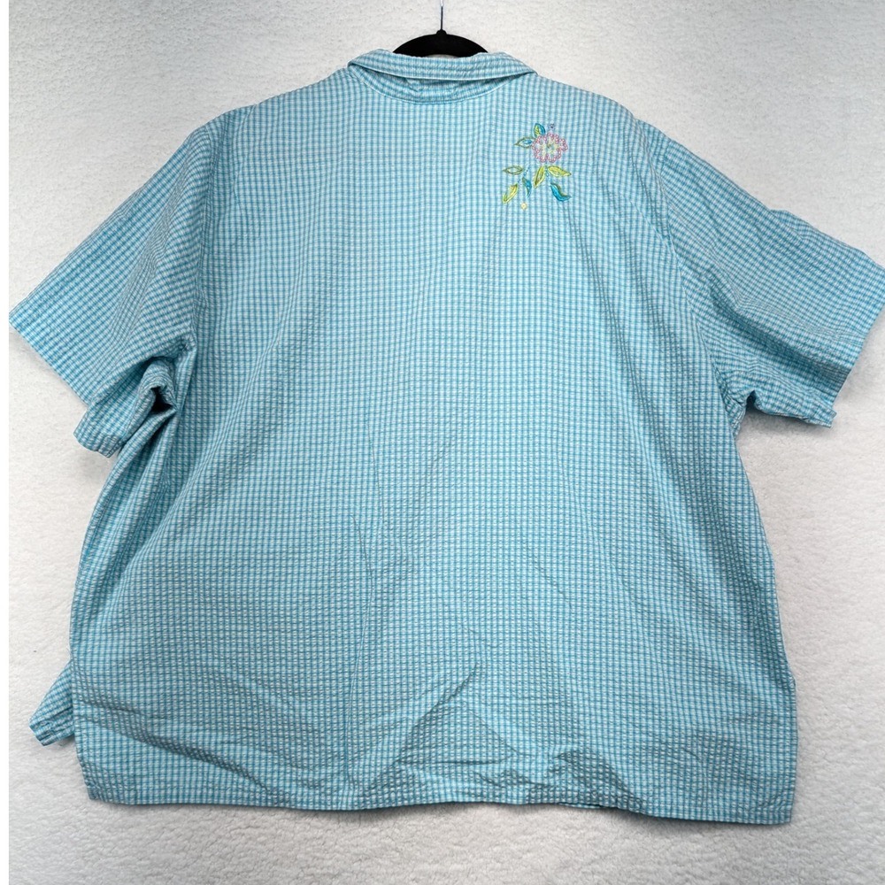 Koret Francisca Womens Turquoise Gingham Embroidered Floral Short Sleeve 28W - Picture 2 of 9